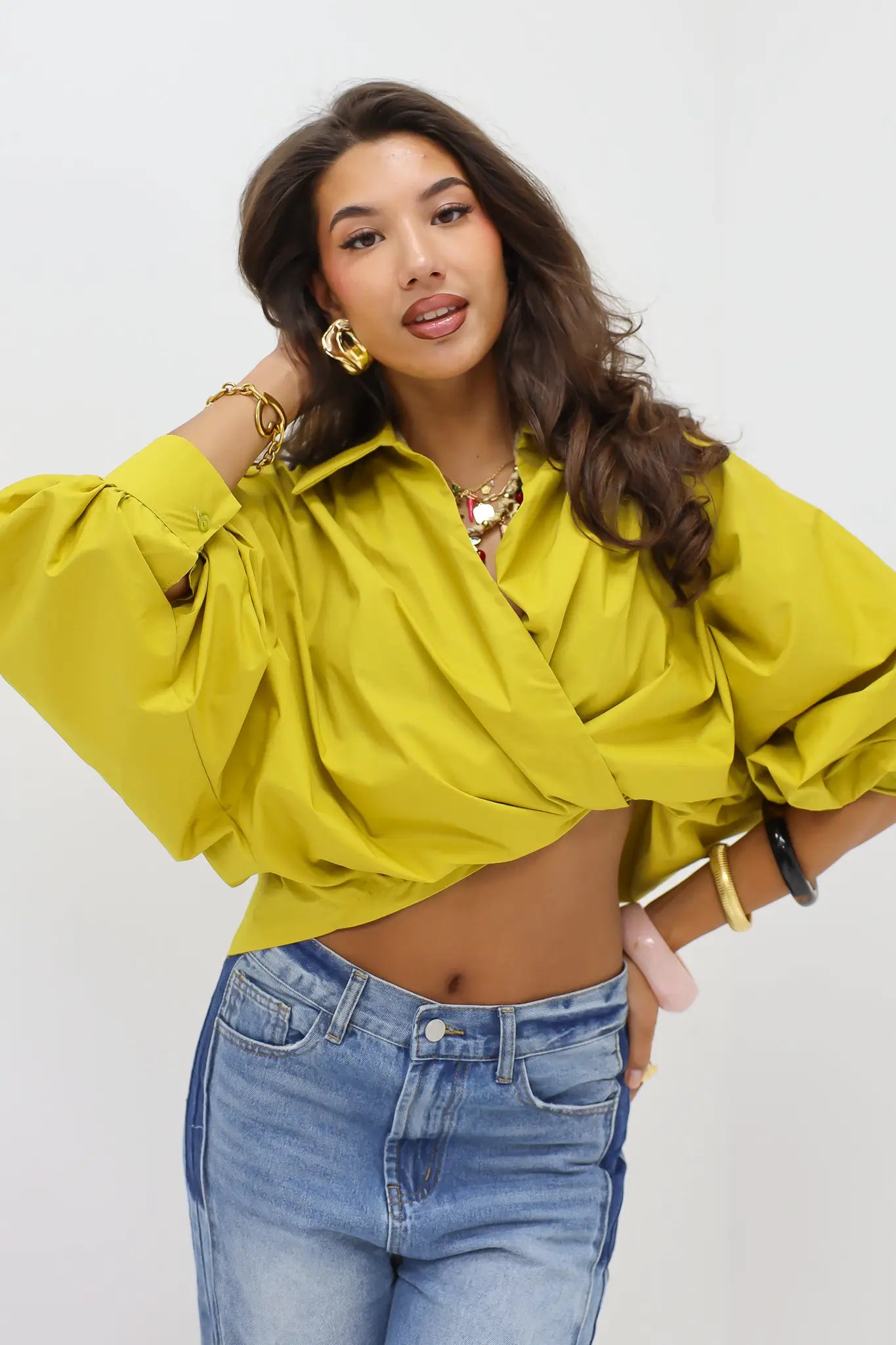 Blouse Pofmouwen Strik Sluiting Groen