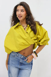 Blouse Pofmouwen Strik Sluiting Groen