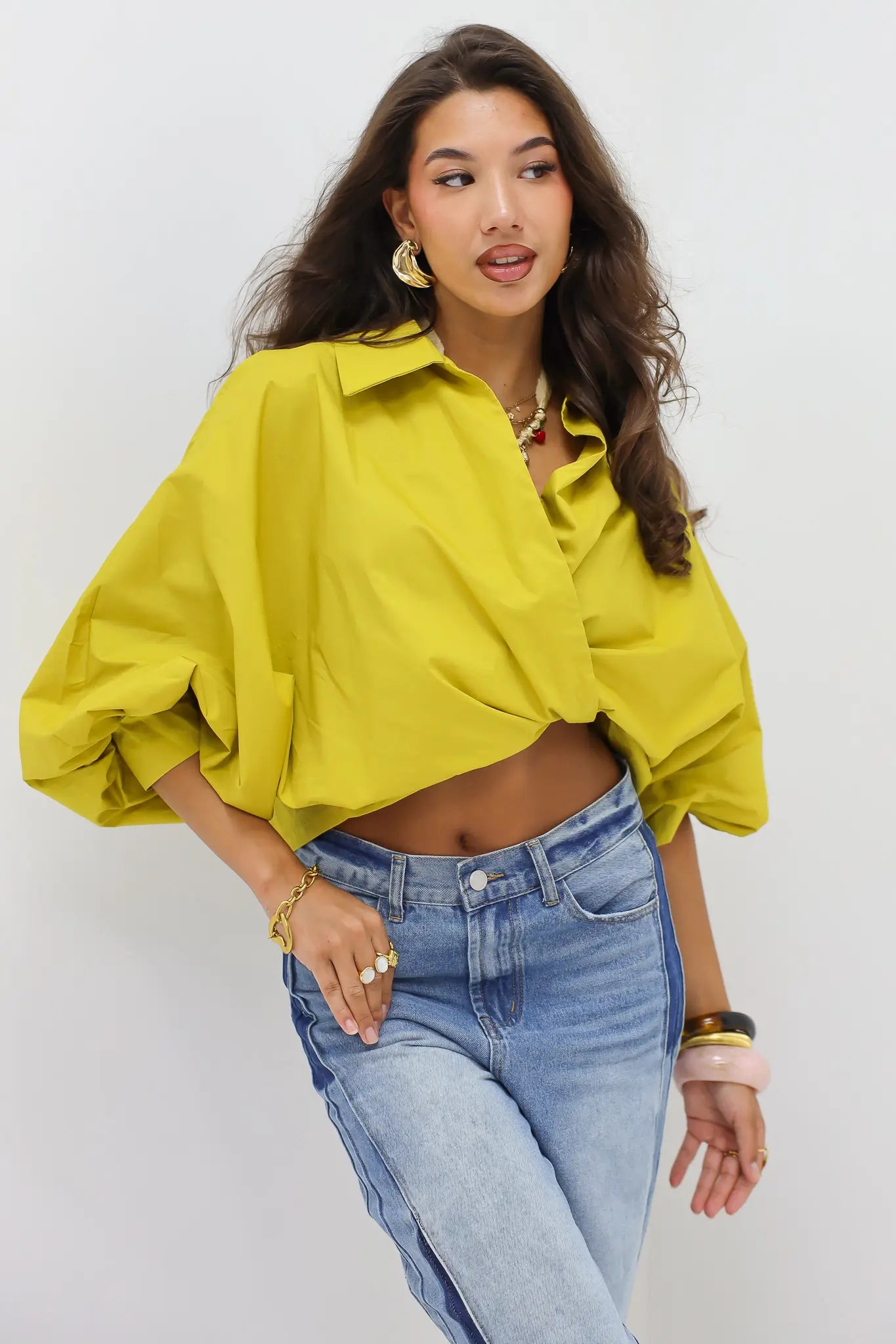 Blouse Pofmouwen Strik Sluiting Groen