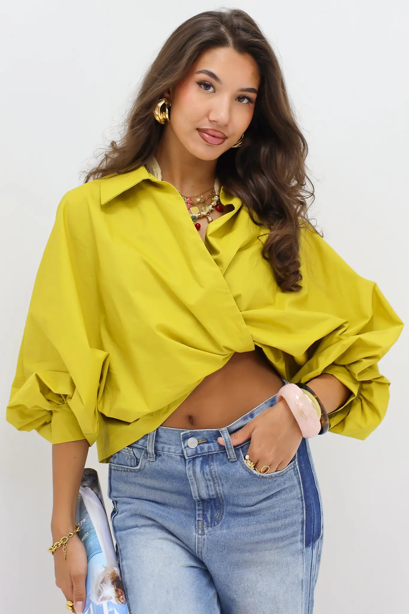 Blouse Pofmouwen Strik Sluiting Groen