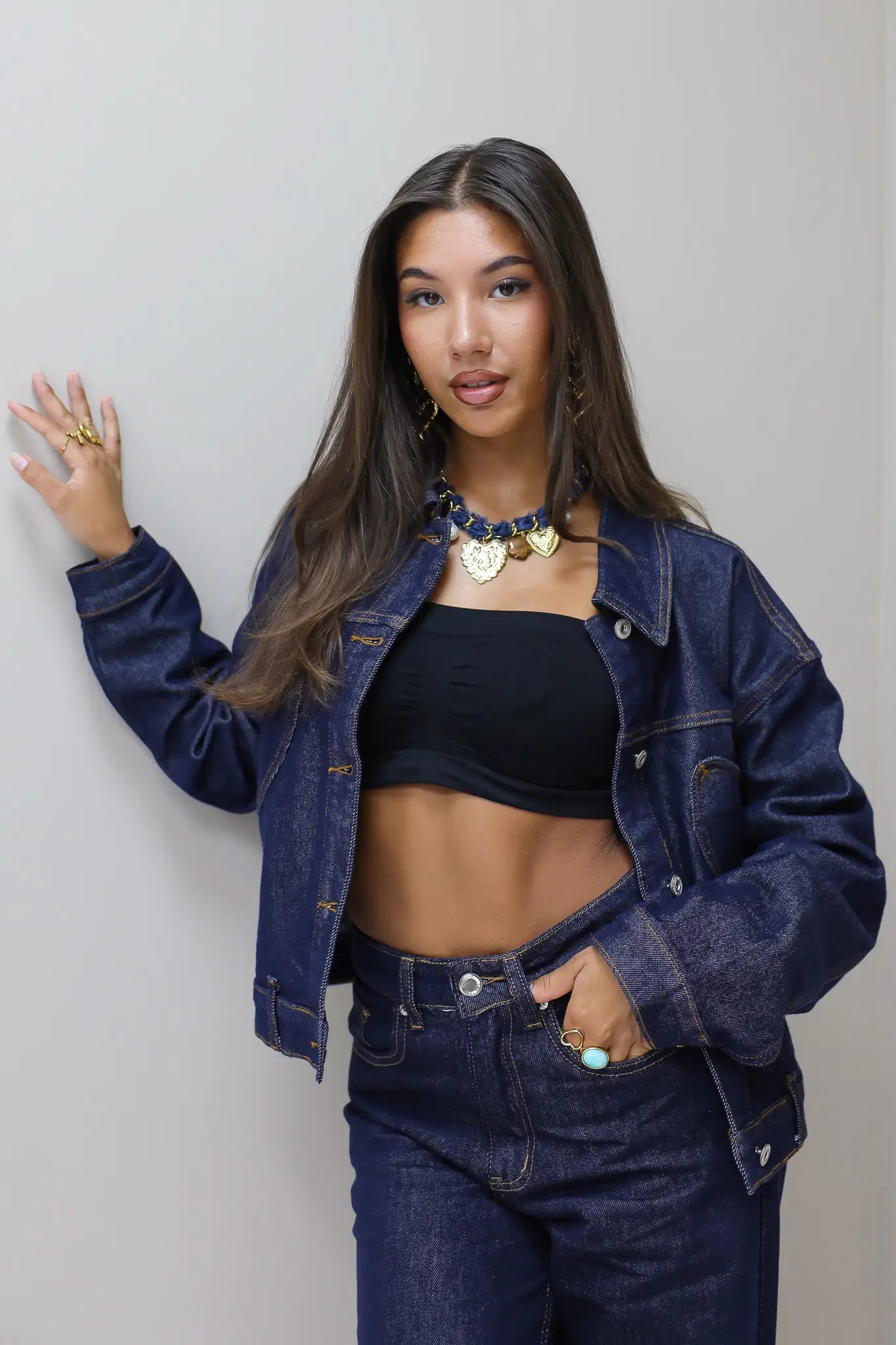 Jeans Jas Hartjes Zakken Donker Blauw