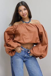 Off Shoulder Blouse Pofmouwen Bruin