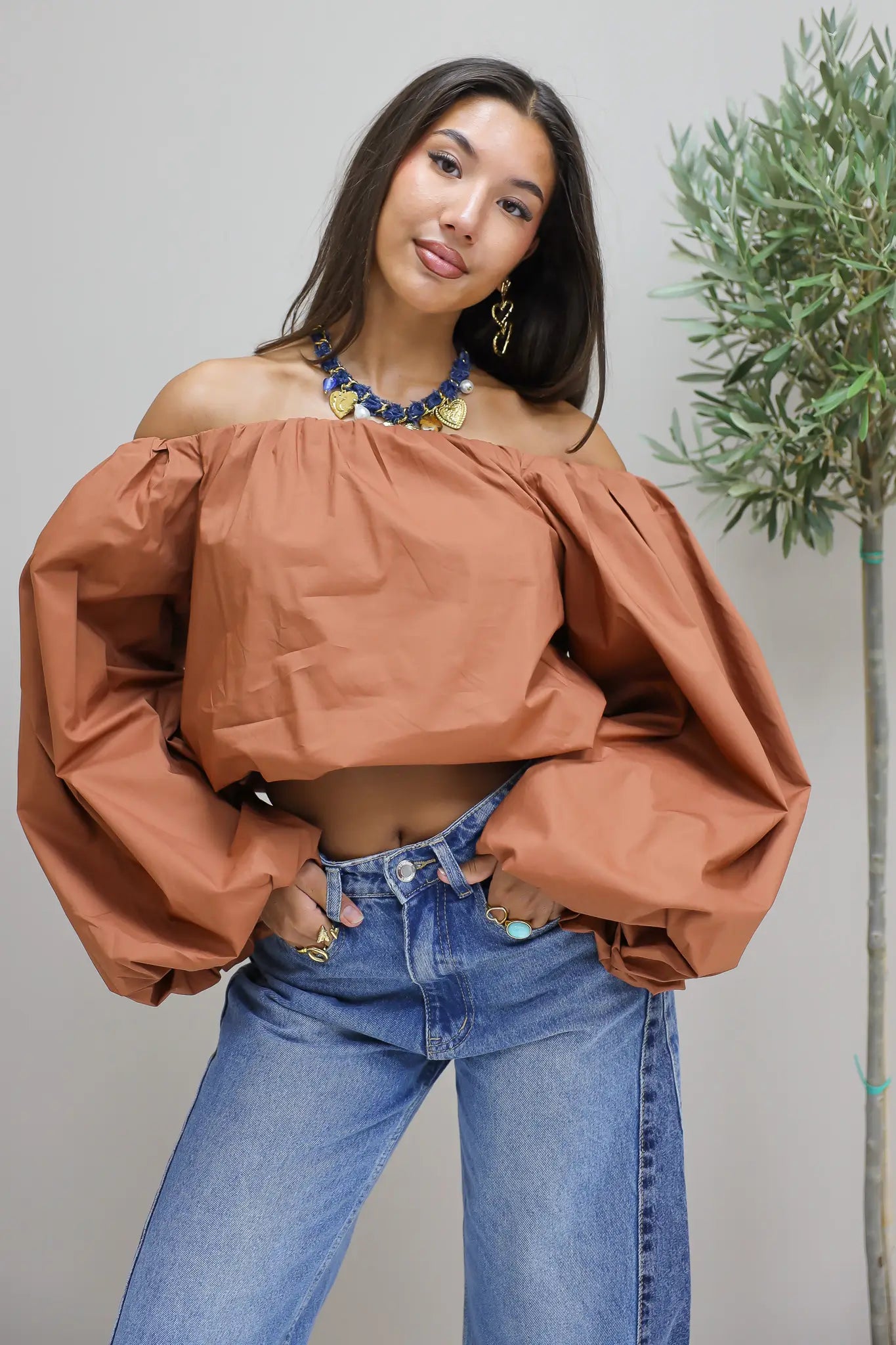 Off Shoulder Blouse Pofmouwen Bruin