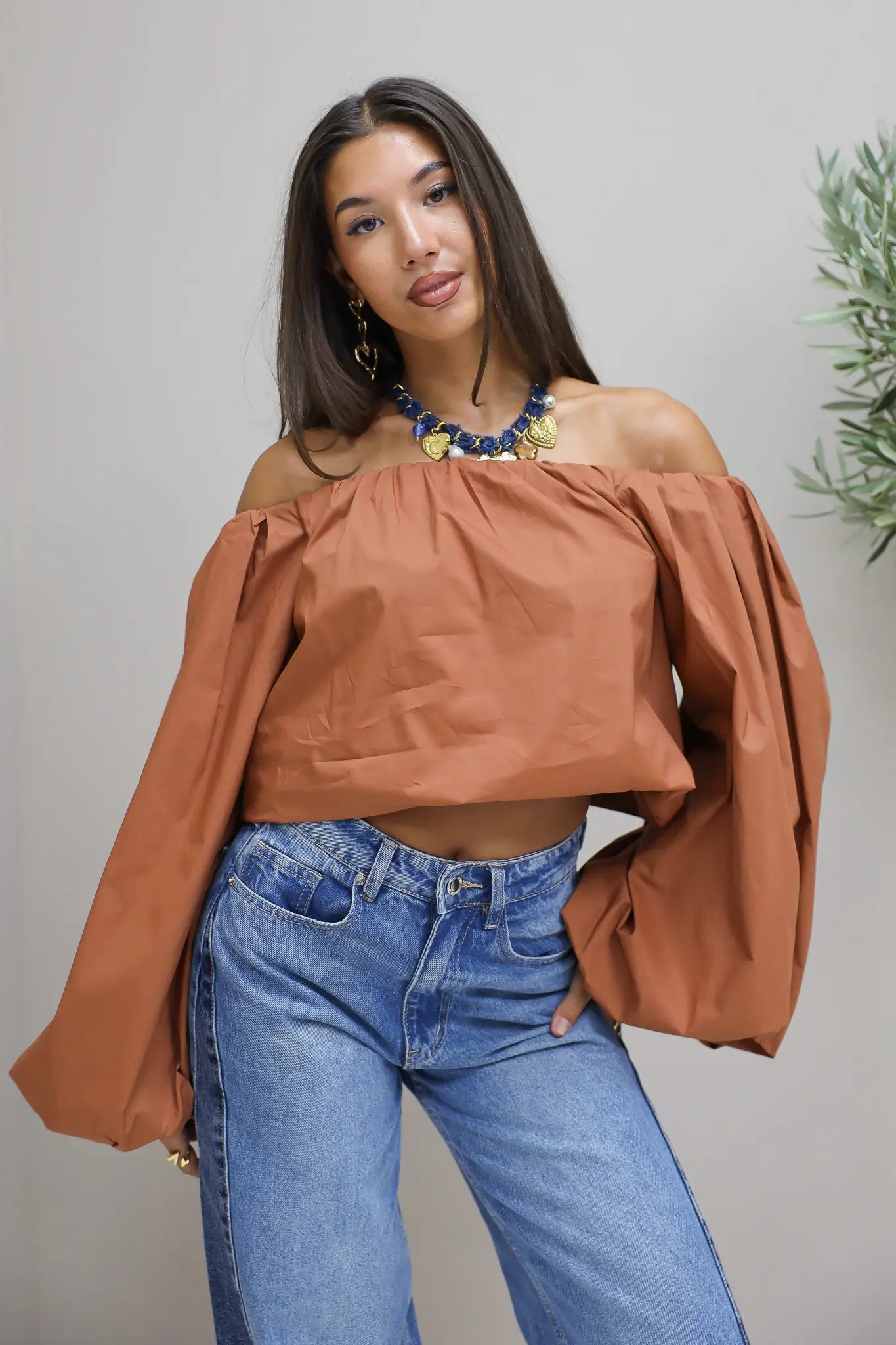 Off Shoulder Blouse Pofmouwen Bruin