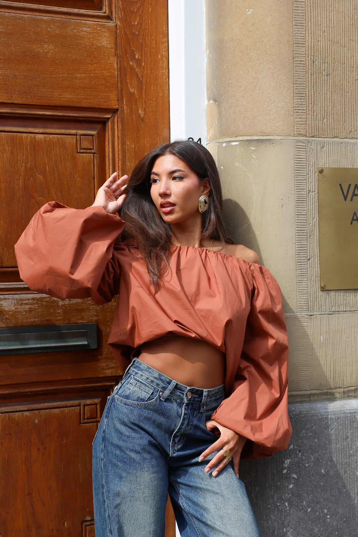 Off Shoulder Blouse Pofmouwen Bruin