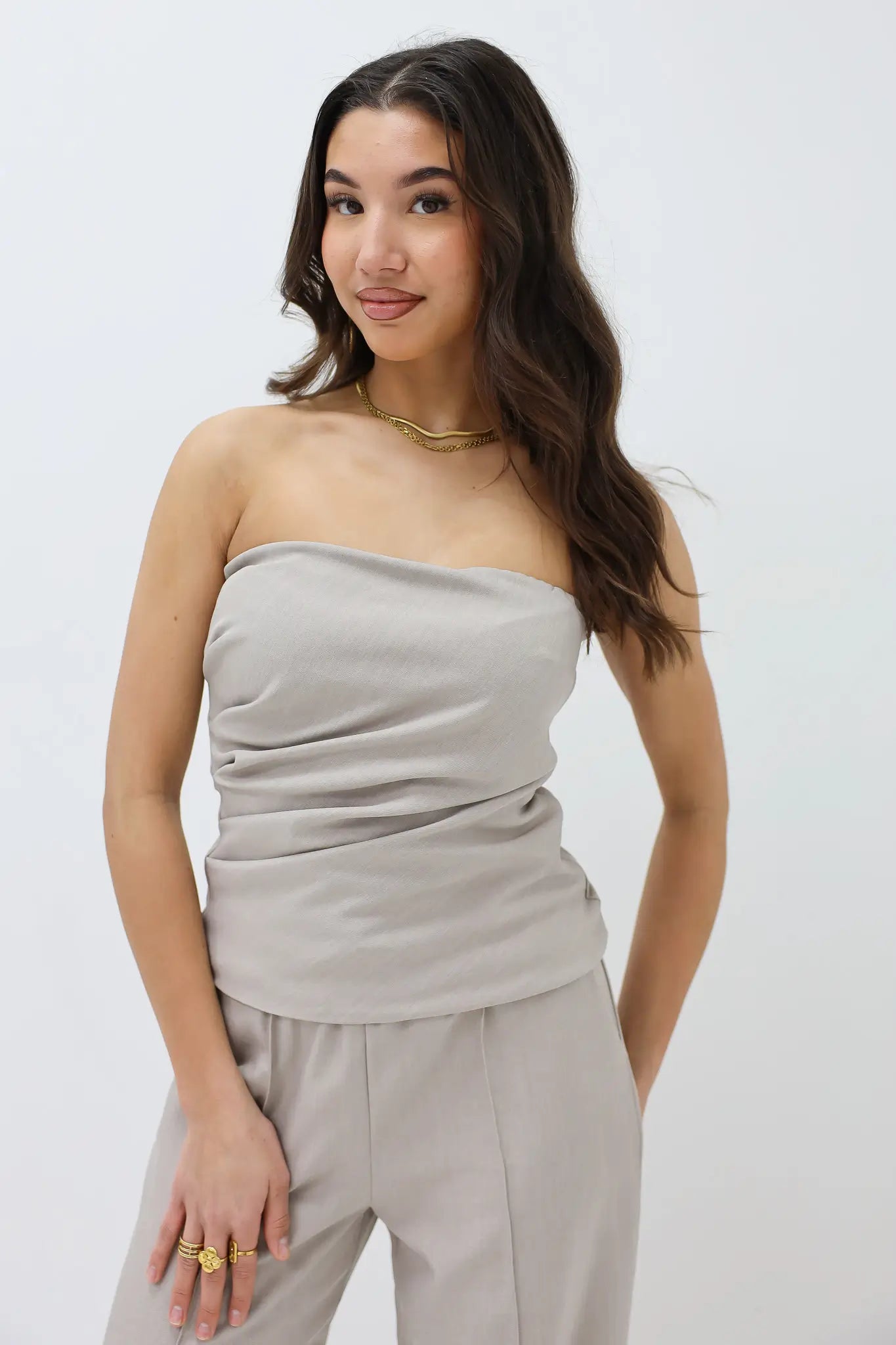 Bandeau Top Draped Taupe Merk Ladylike Fashion Eight Paris Dames Bandeau Set Nette Co-Ord Set Dames