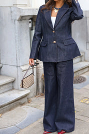 Getailleerde denim blazer donkerblauw met gouden knopen