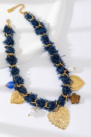 Stoere dames ketting van denim hartjes grove ketting met jeans stof Ladylike Fashion
