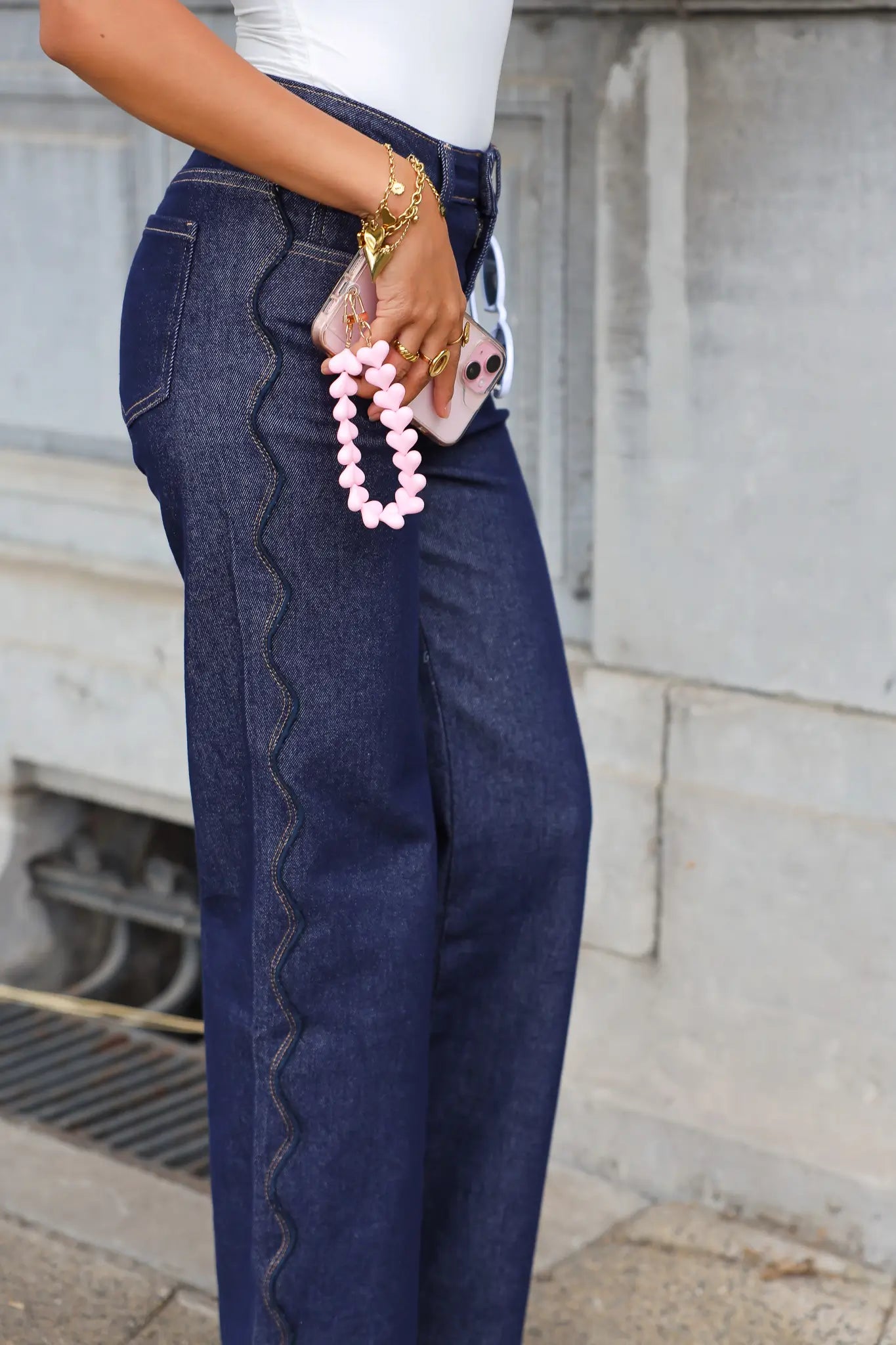 Straight jeans donker blauw schulp bies rand