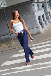 Straight jeans donker blauw schulp bies randje