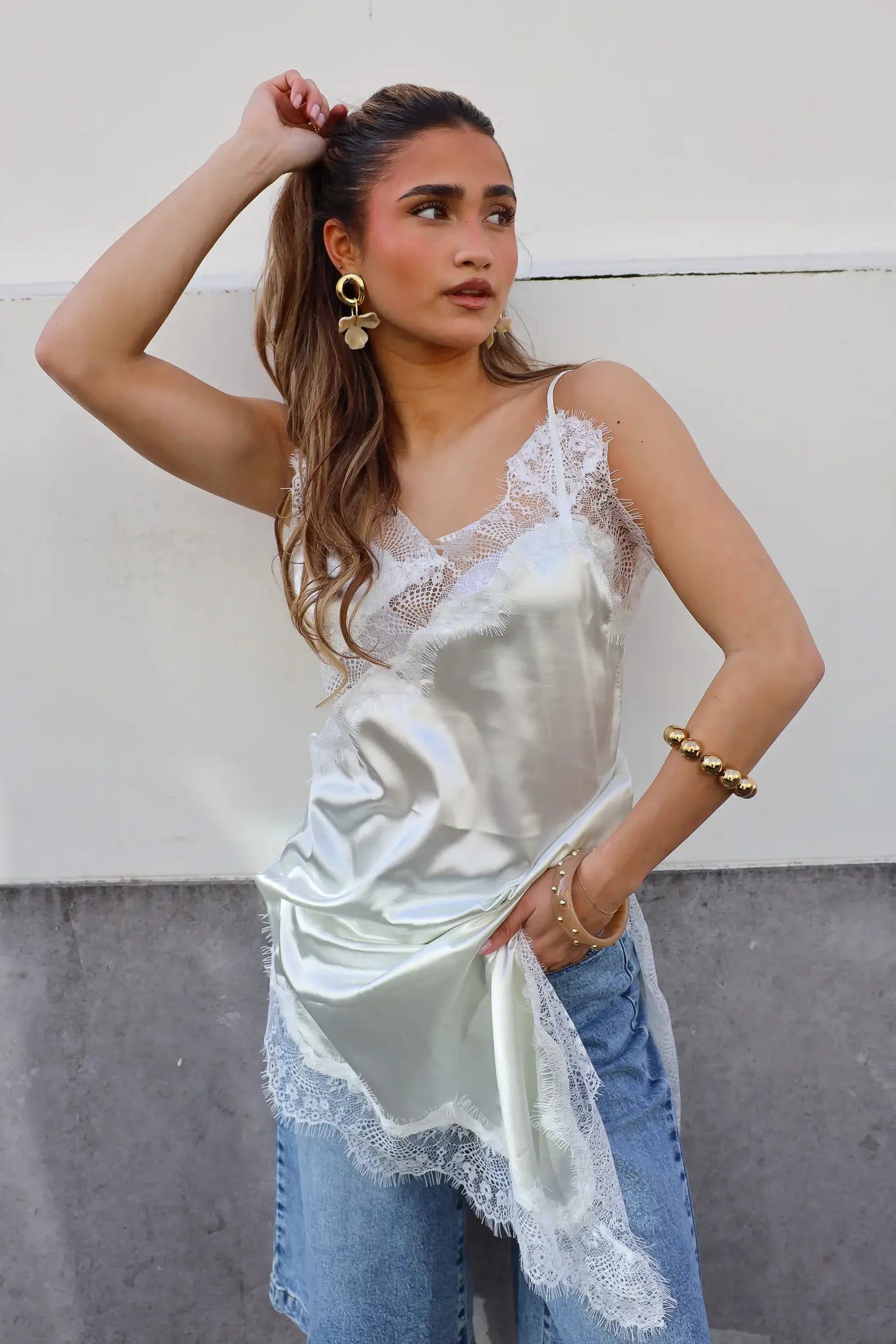 Satijnen Slipdress Asymmetrisch Beige