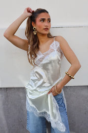 Satijnen Slipdress Asymmetrisch Beige