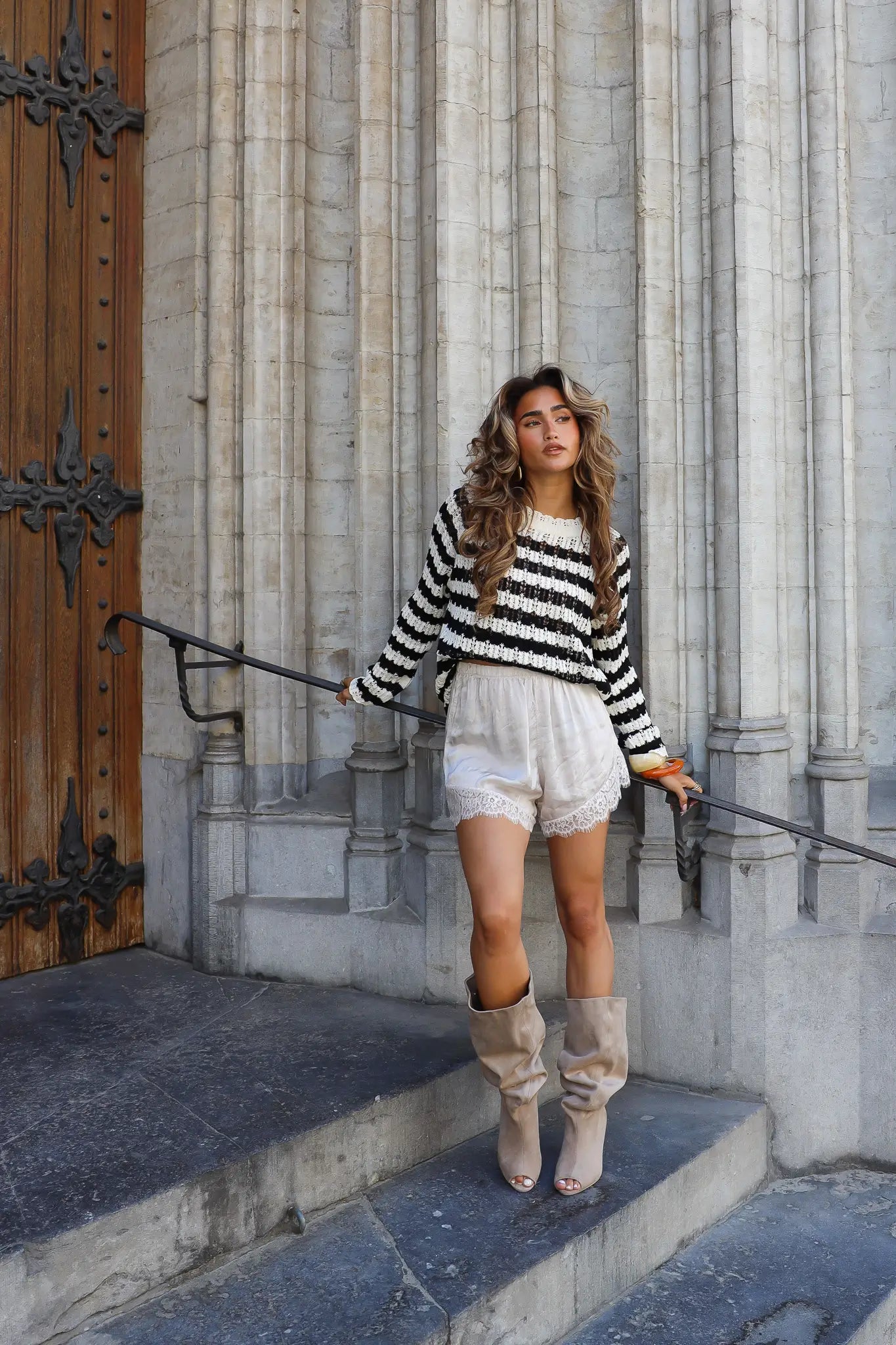 Gebreide Jurk Lange Mouwen Zwart/Beige