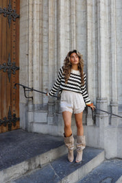 Gebreide Jurk Lange Mouwen Zwart/Beige