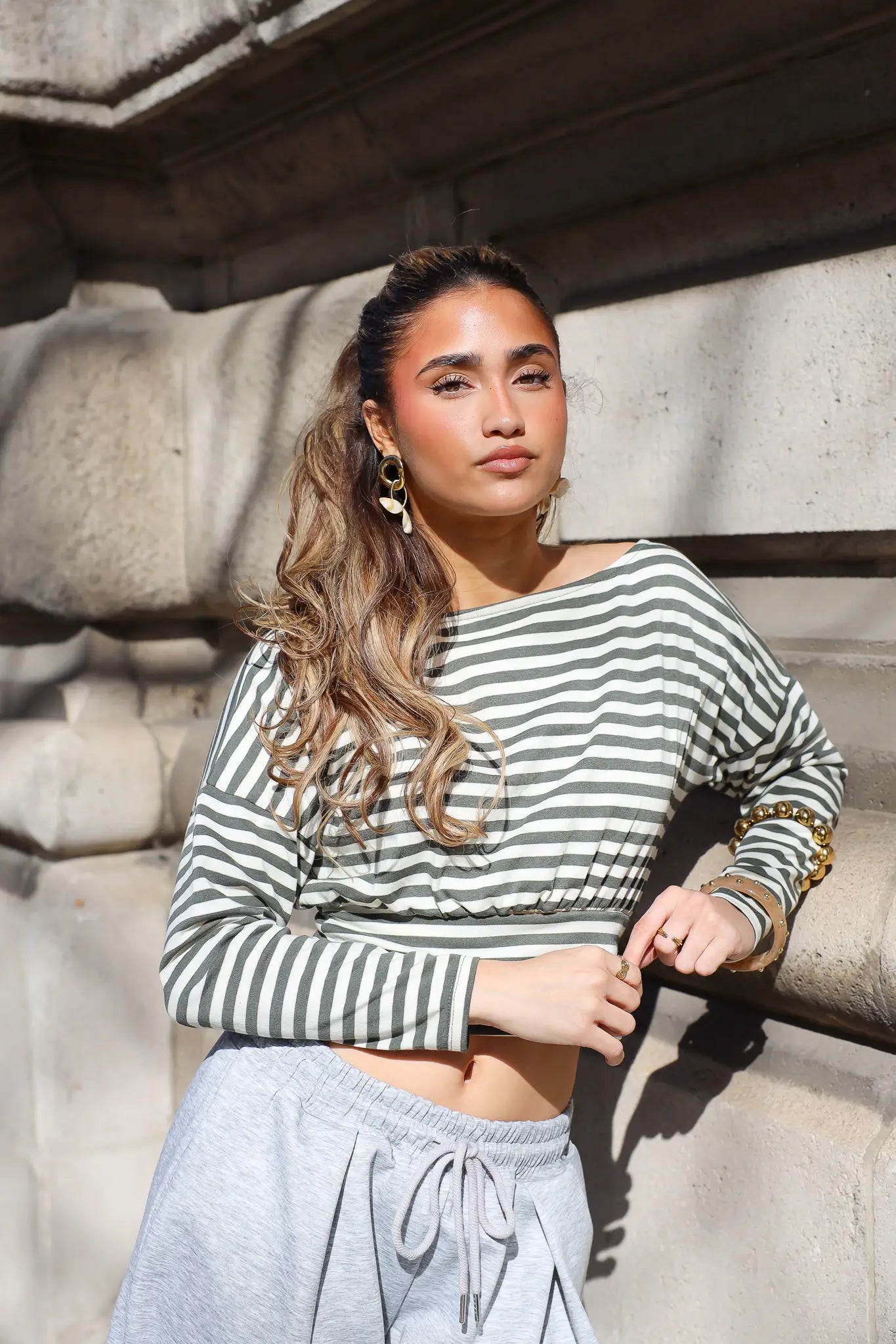 Off Shoulder Top Gestreept Khaki