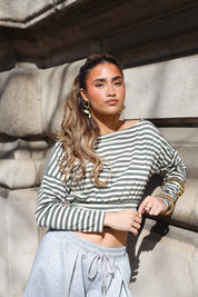 Off Shoulder Top Gestreept Khaki