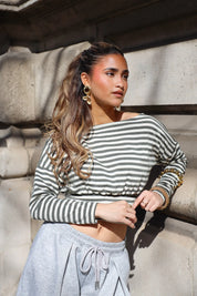 Off Shoulder Top Gestreept Khaki