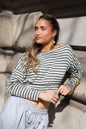 Off Shoulder Top Gestreept Khaki