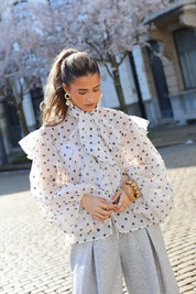 Polka Dot Blouse Ballon Mouwen Beige