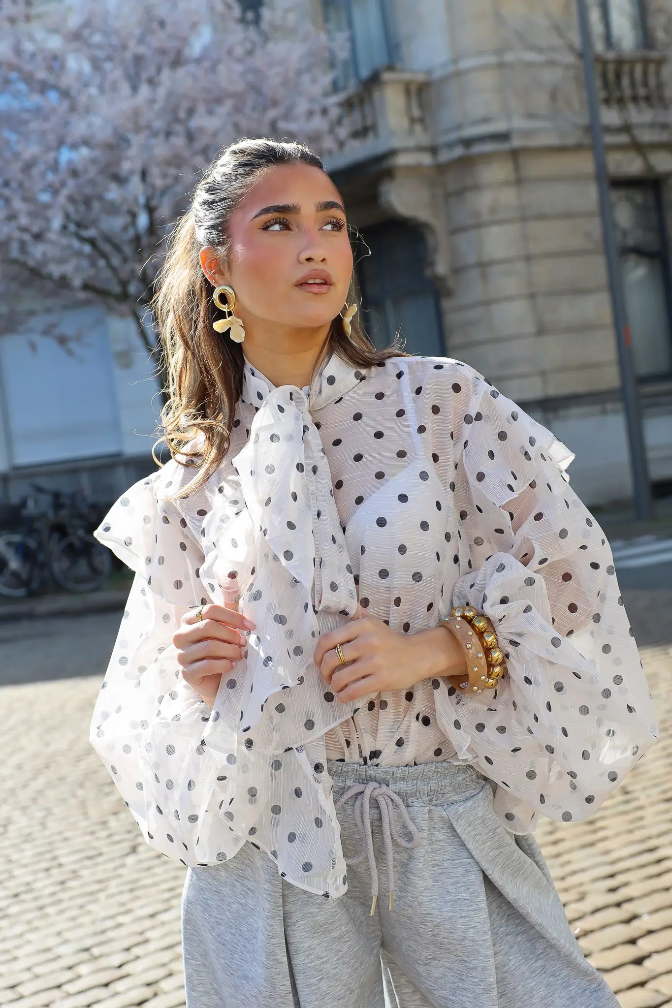 Polka Dot Blouse Ballon Mouwen Beige