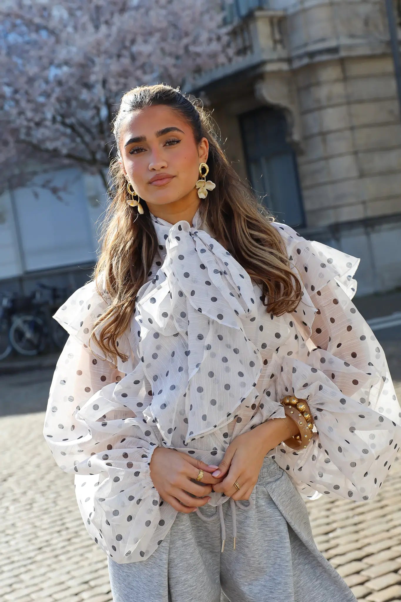 Polka Dot Blouse Ballon Mouwen Beige