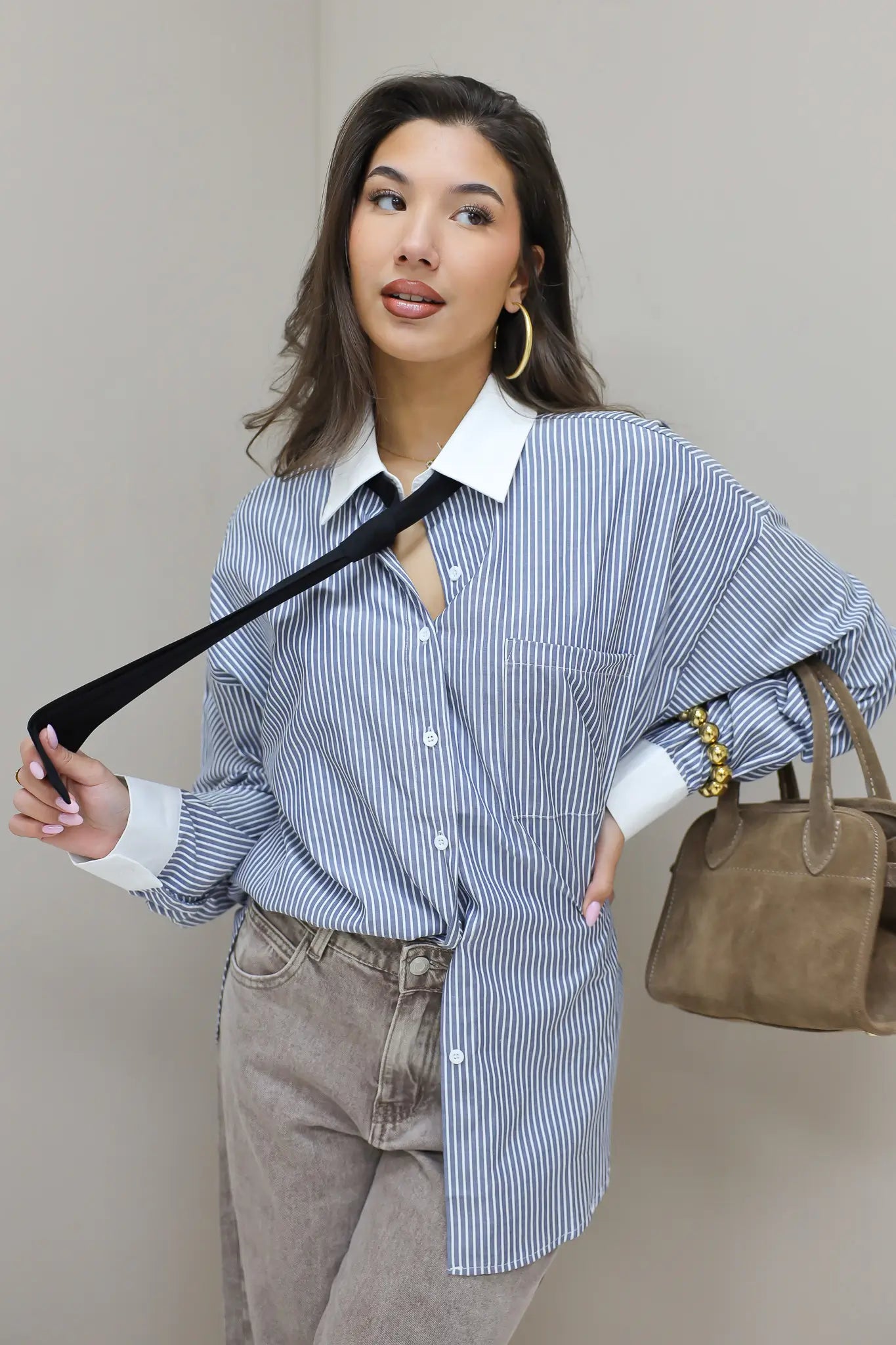 Blouse Gestreept Stropdas Blauw