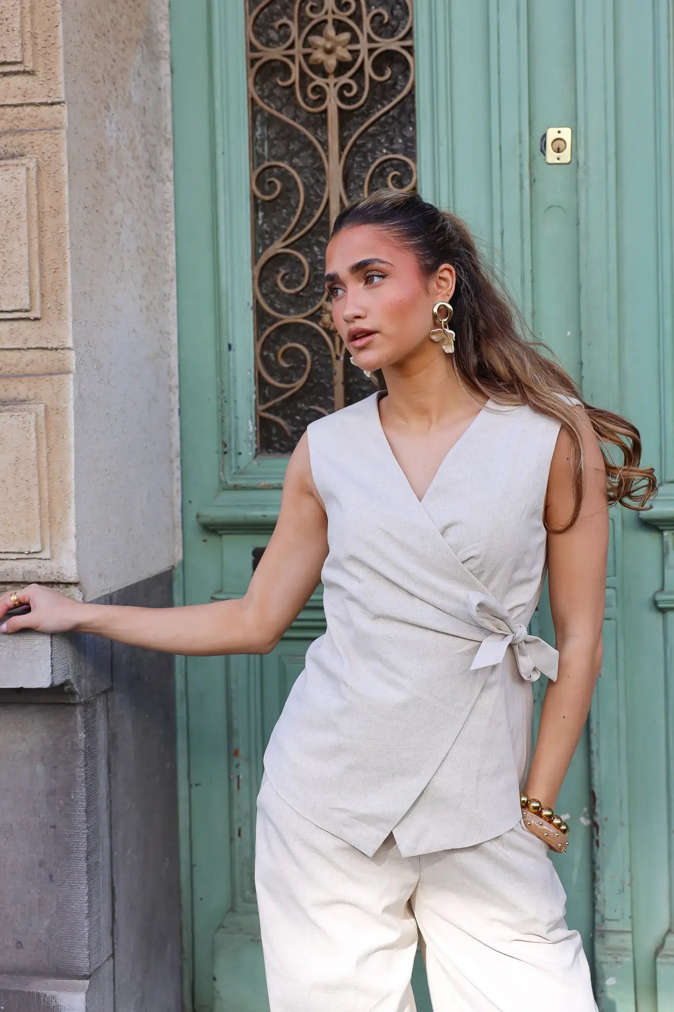 Linnen Gilet Knoop Beige