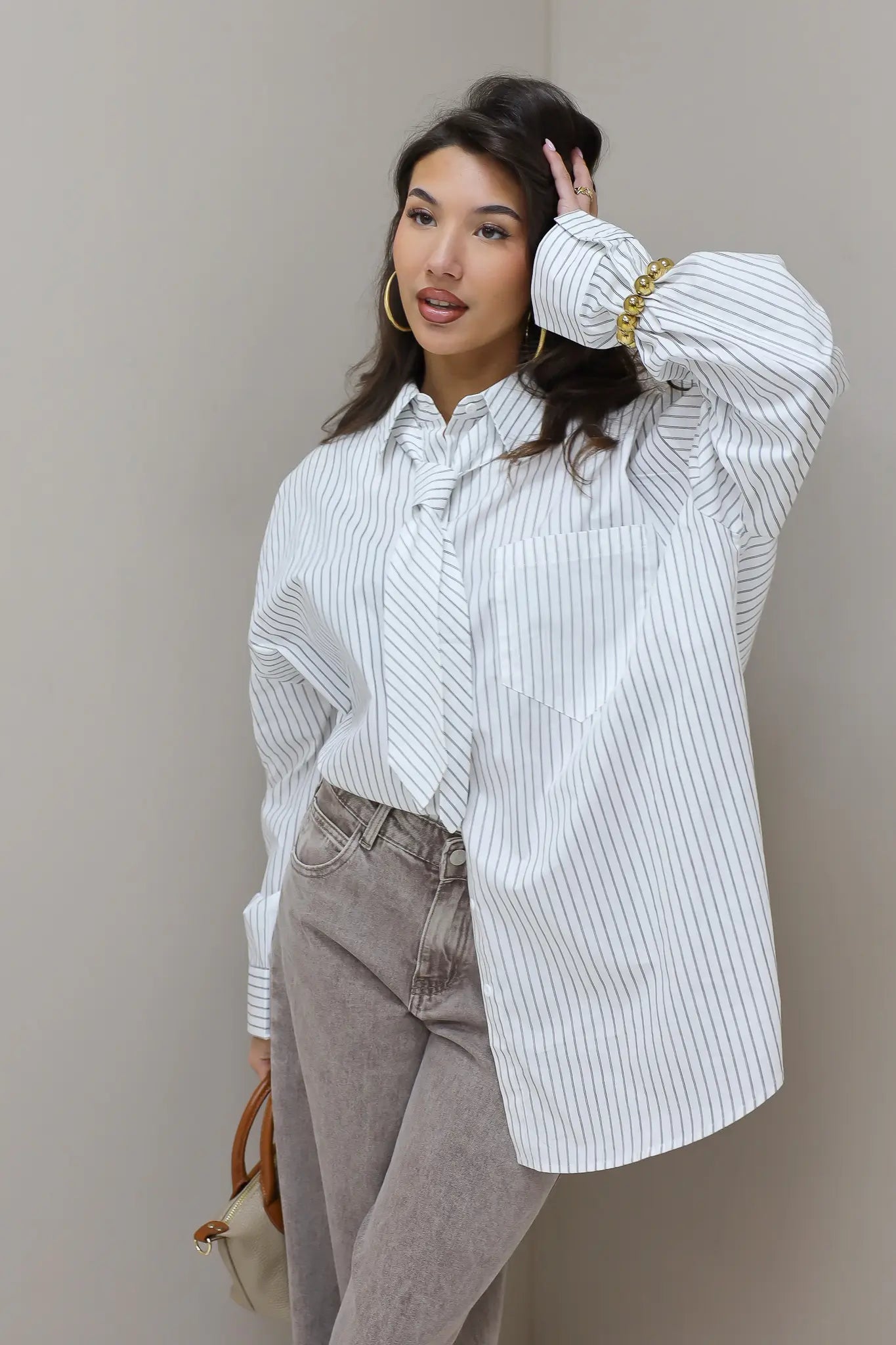 Blouse Stropdas Gestreept Wit