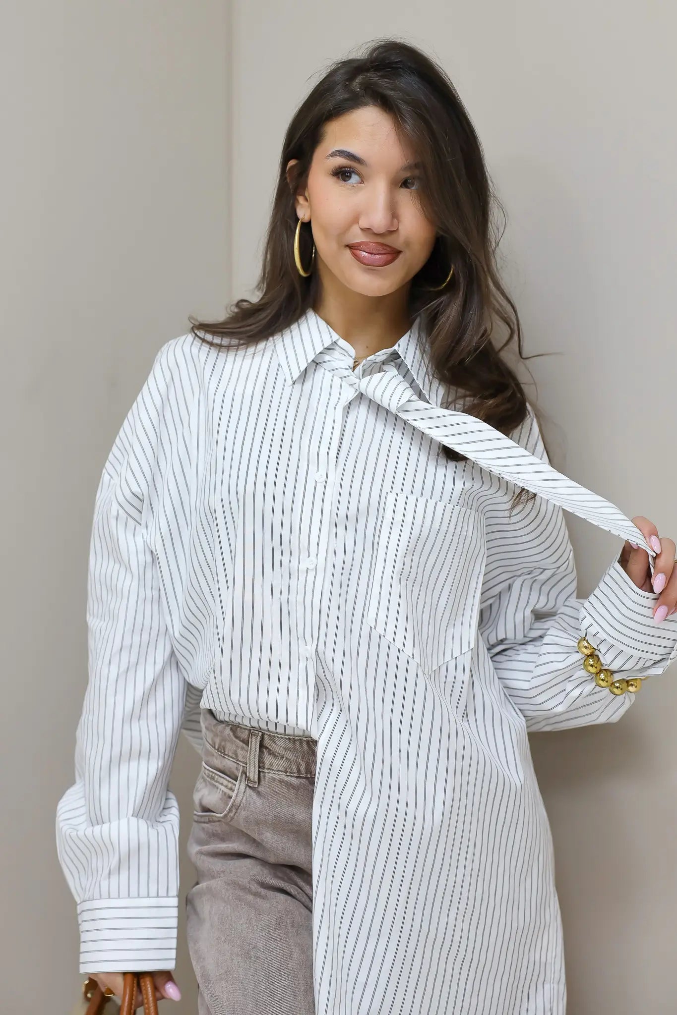 Blouse Stropdas Gestreept Wit