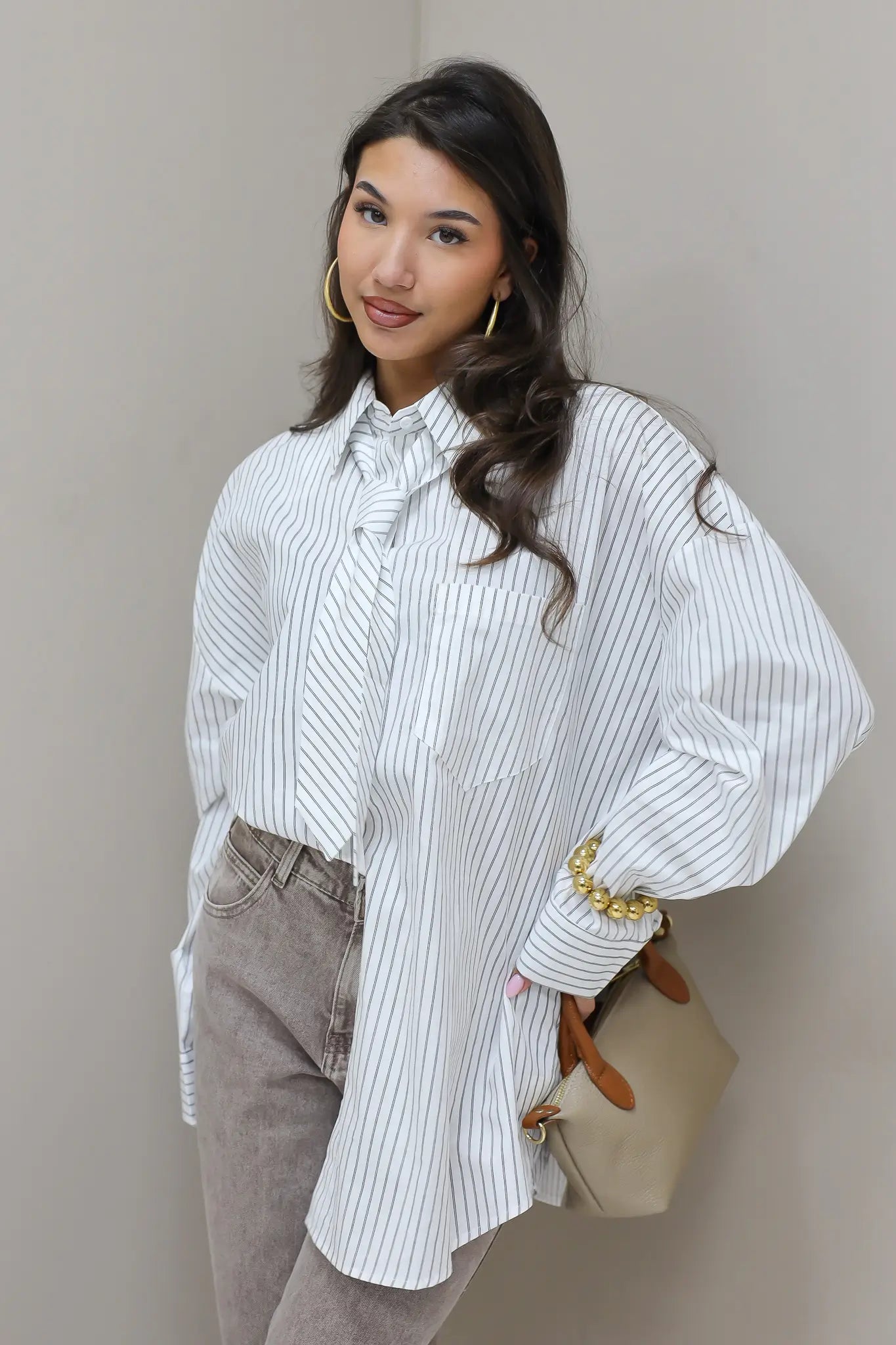 Blouse Stropdas Gestreept Wit