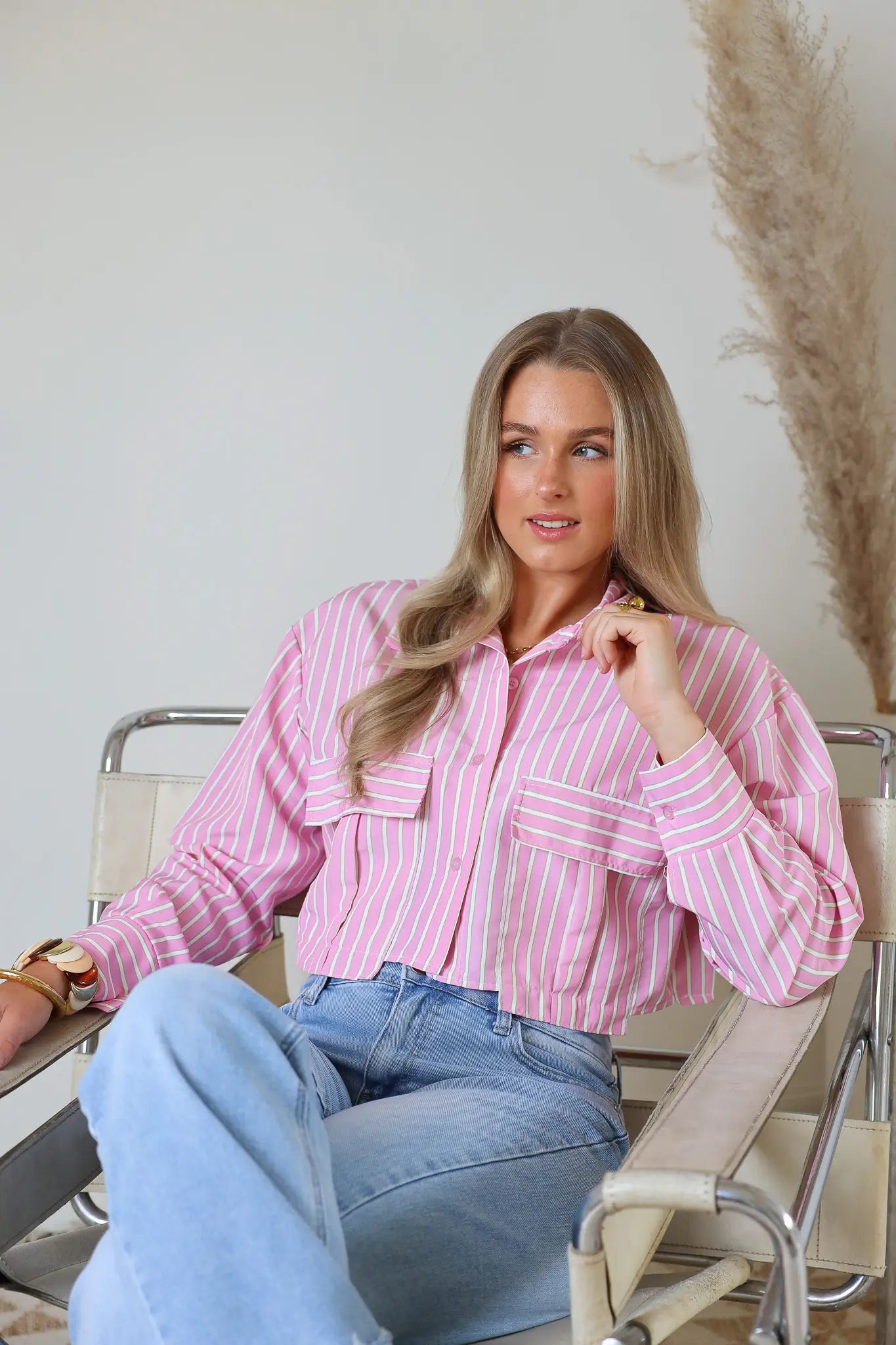 Korte Streep Blouse Lange Mouwen Roze
