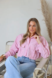 Korte Streep Blouse Lange Mouwen Roze