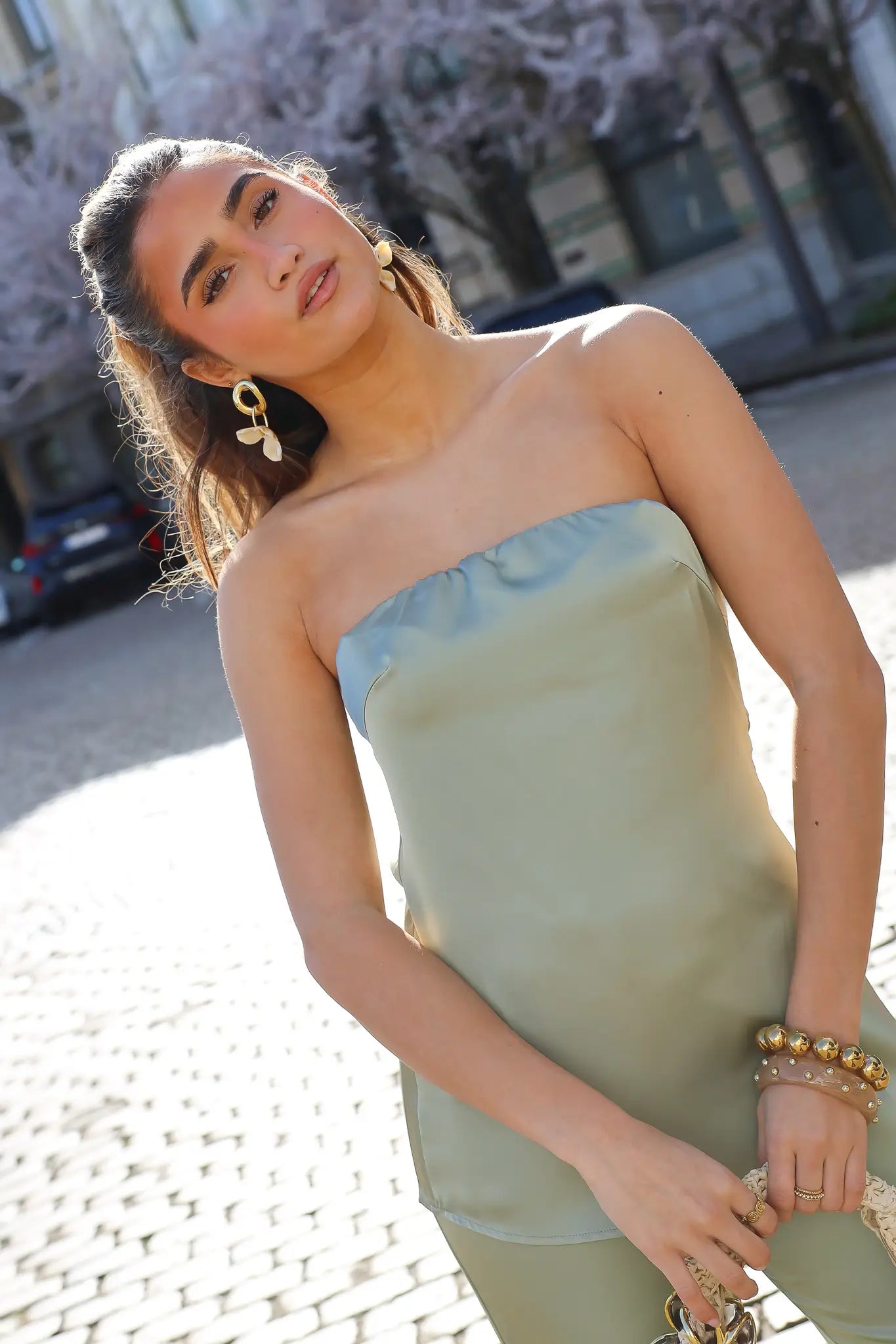 Satijnen Strapless Top Groen