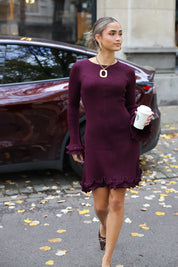 Jurk Lange Mouwen Ruffle Detail Bordeaux