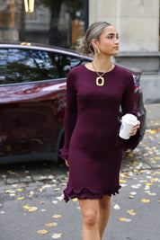 Jurk Lange Mouwen Ruffle Detail Bordeaux