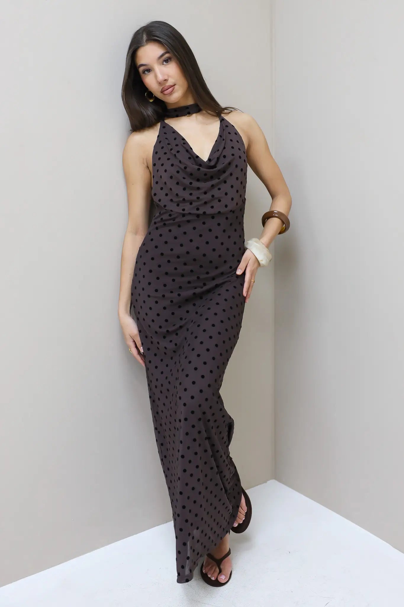 Lange Polka Dot Jurk Mesh Bruin