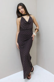Lange Polka Dot Jurk Mesh Bruin