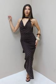 Lange Polka Dot Jurk Mesh Bruin