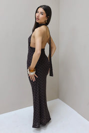 Lange Polka Dot Jurk Mesh Bruin