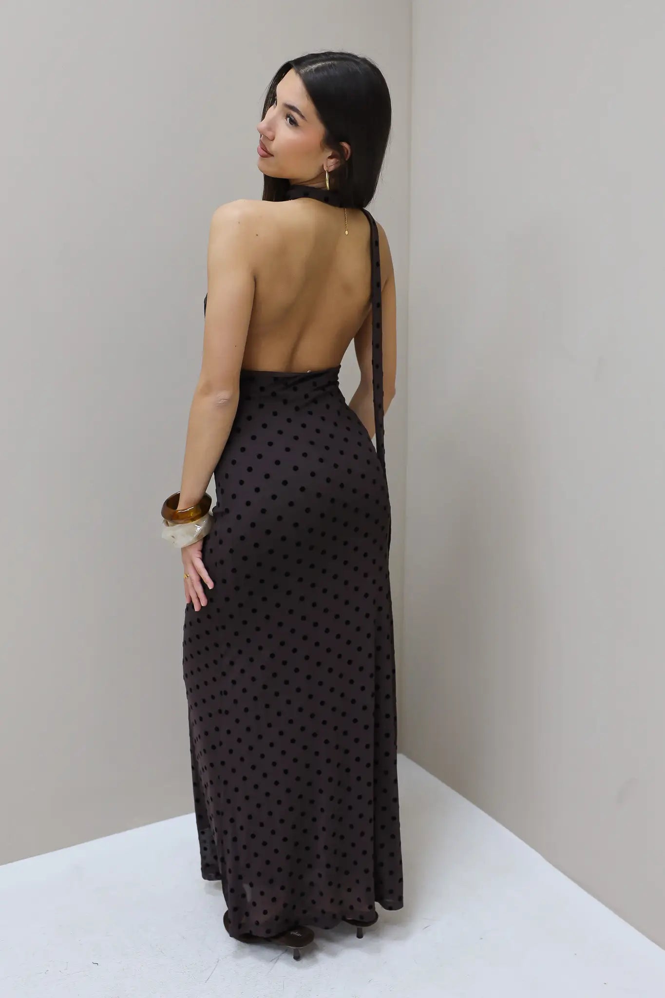 Lange Polka Dot Jurk Mesh Bruin