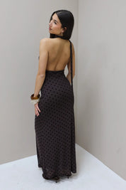 Lange Polka Dot Jurk Mesh Bruin