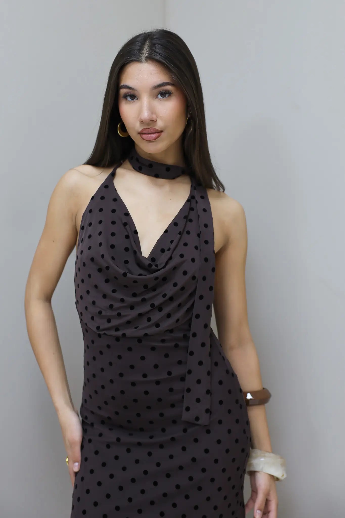 Lange Polka Dot Jurk Mesh Bruin