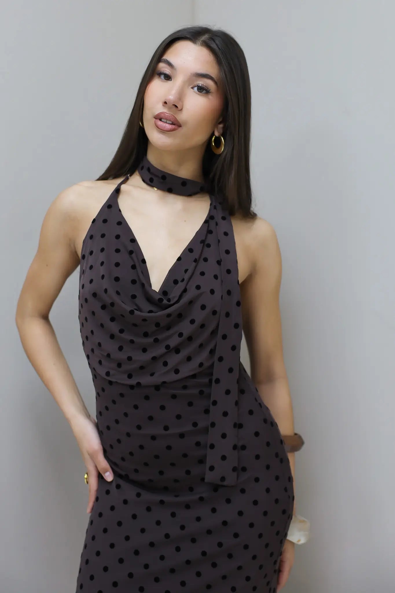 Lange Polka Dot Jurk Mesh Bruin