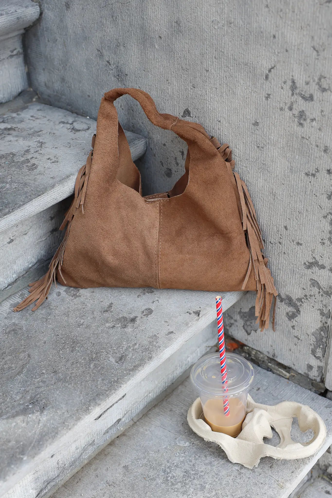 Schoudertas Suede Franjes Taupe