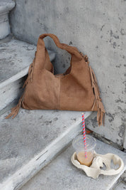 Schoudertas Suede Franjes Taupe