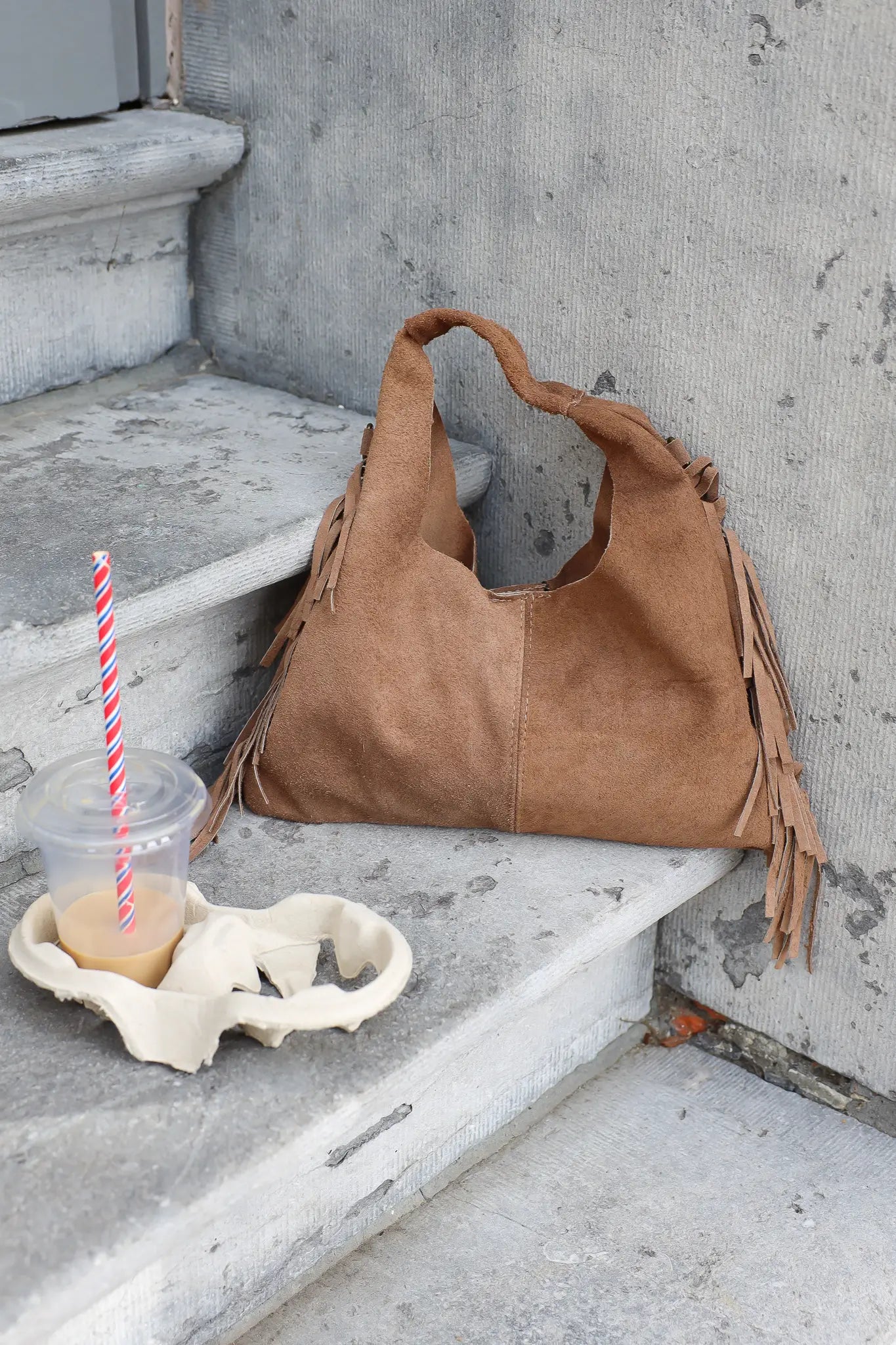 Schoudertas Suede Franjes Taupe