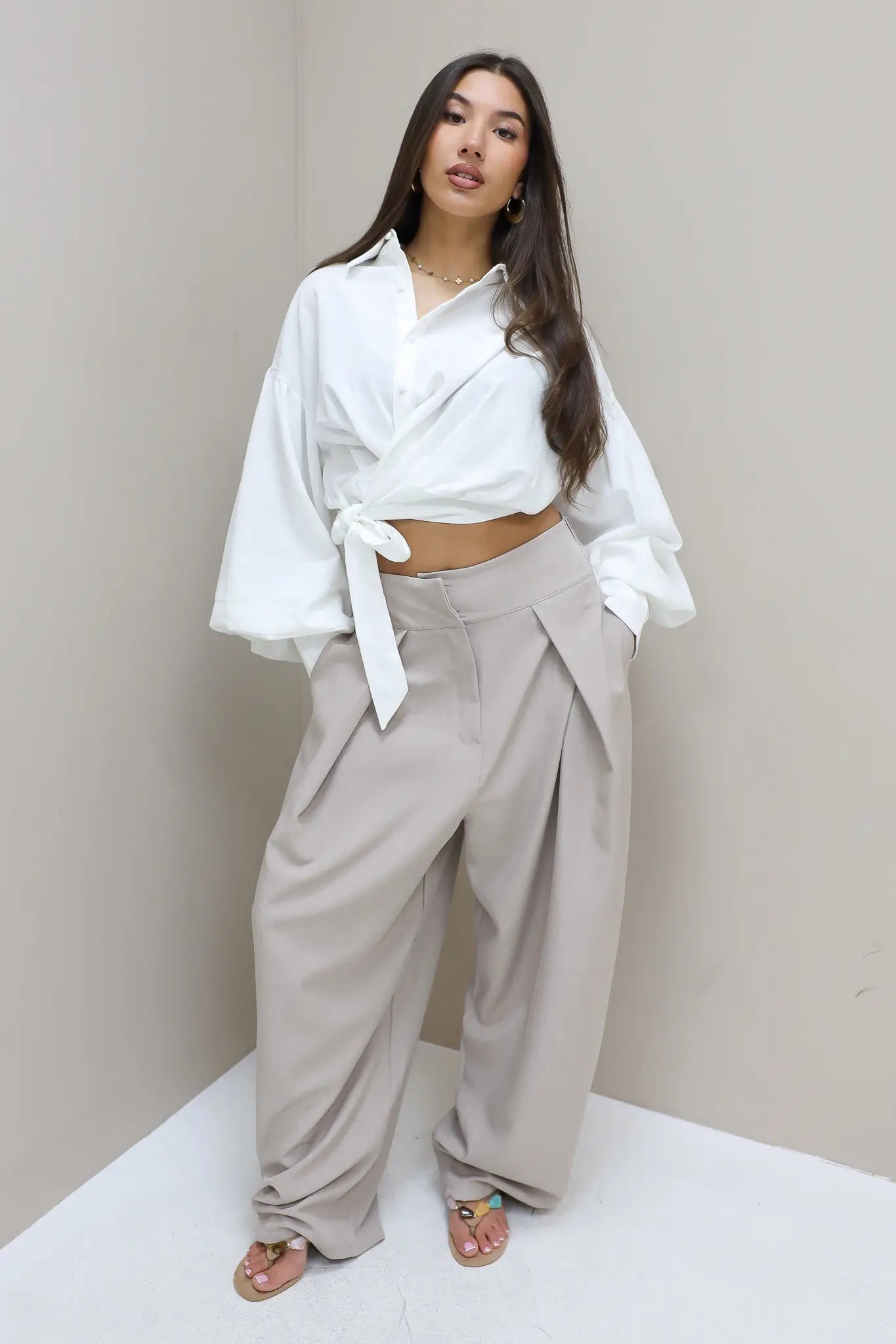Pantalon Hoge Taille Plooi Beige