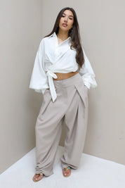 Pantalon Hoge Taille Plooi Beige
