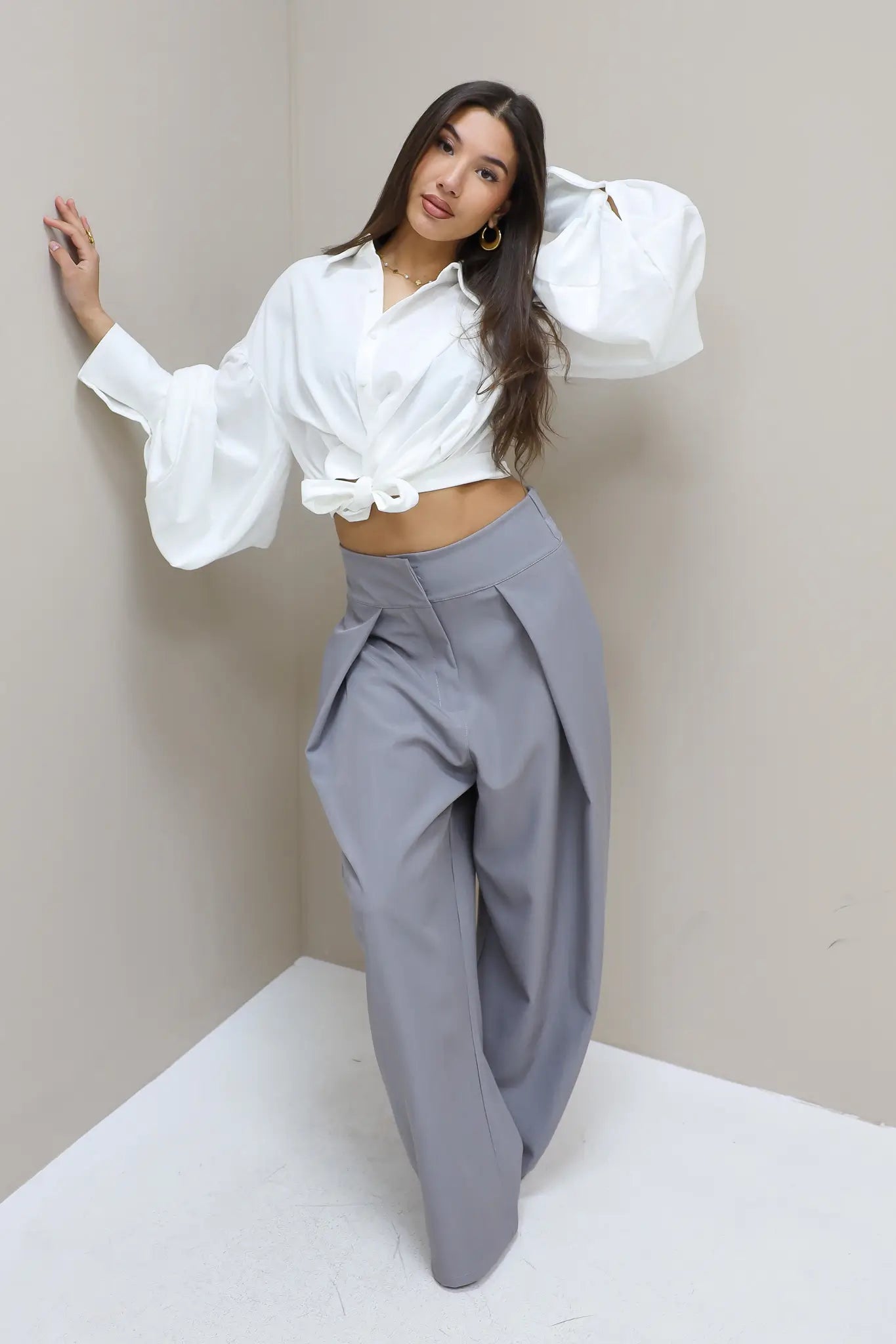 Pantalon Hoge Taille Plooi Grijs