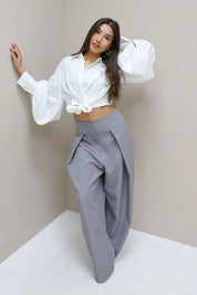 Pantalon Hoge Taille Plooi Grijs